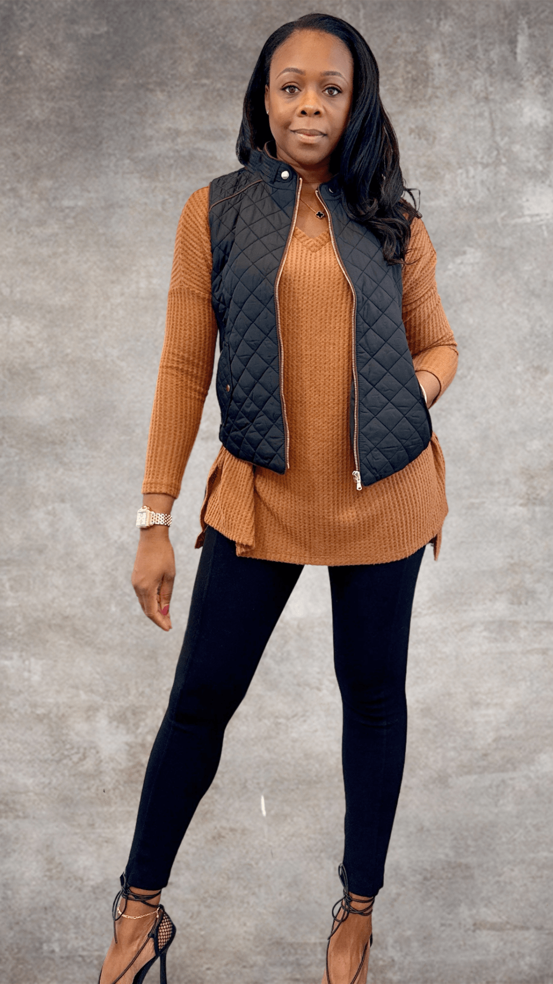 Luxuriance Style ™ Sweater Brushed Thermal Waffle V-Neck Hi-Low Hem Tunic Sweater.