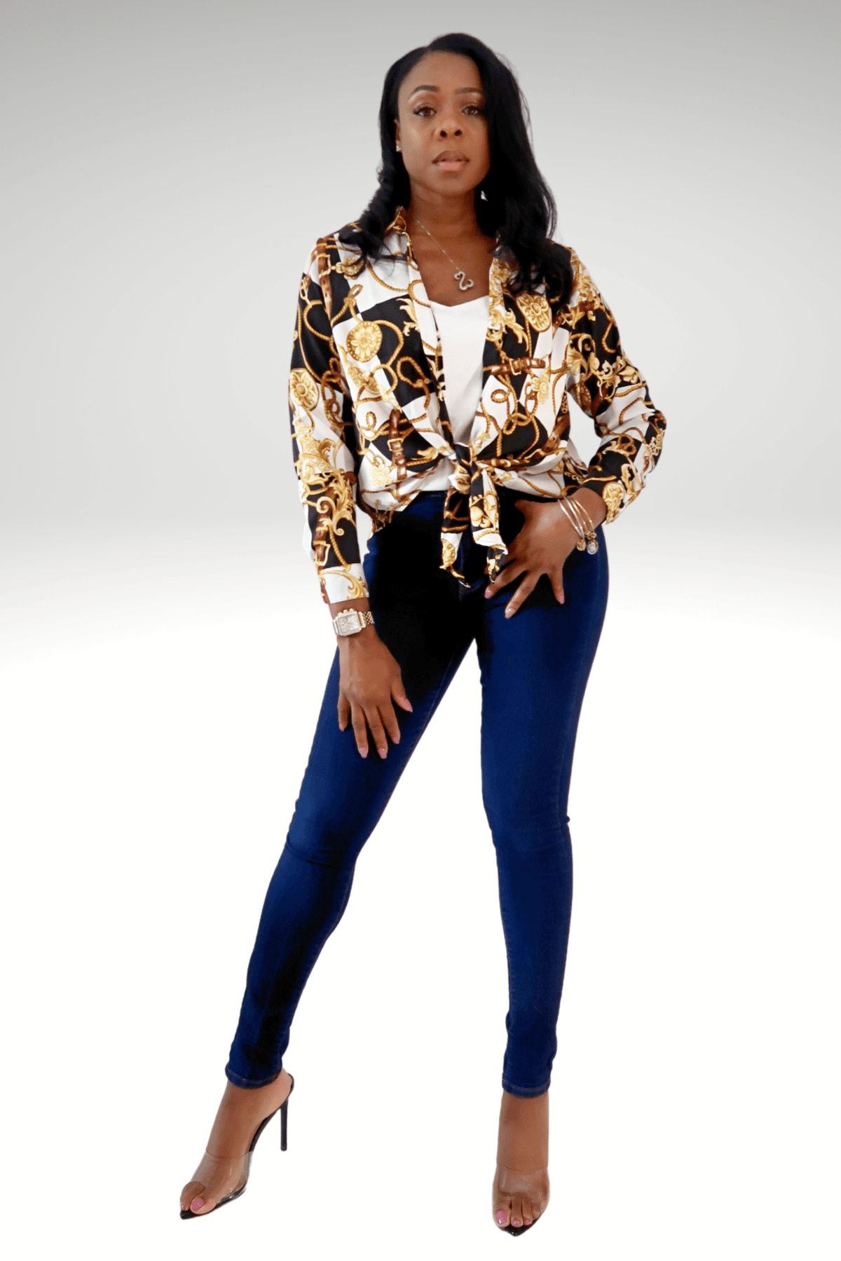 Luxuriance Style Tops Front-Tie White and Gold Top
