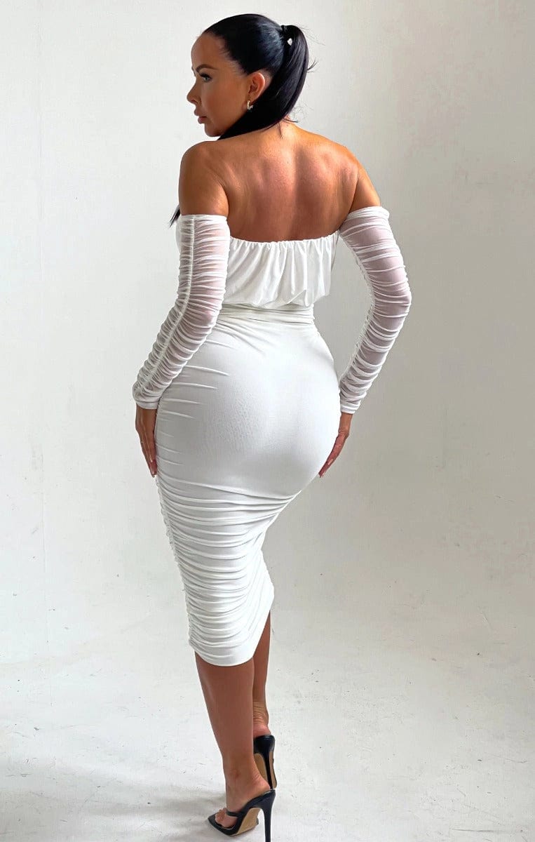 Luxuriance Style Boutique Dress White Midi Dress with Rouch Draping and Mesh Long Sleeves