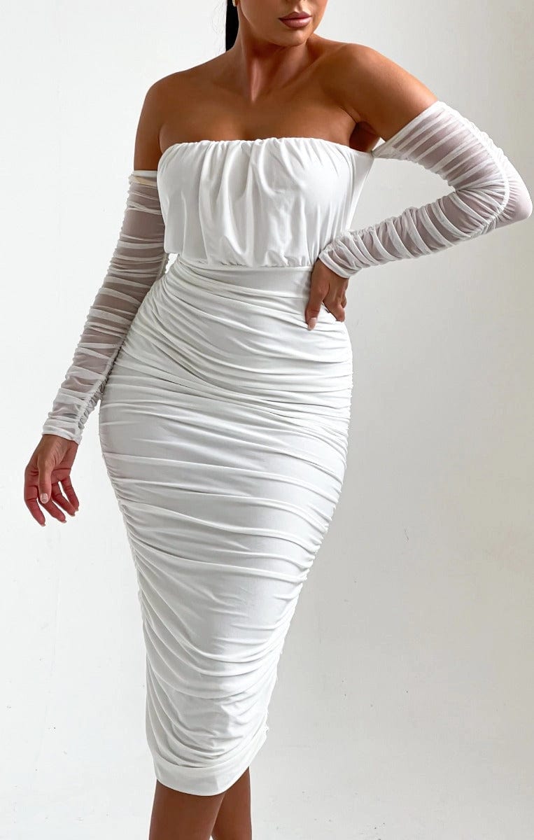 Luxuriance Style Boutique Dress White Midi Dress with Rouch Draping and Mesh Long Sleeves