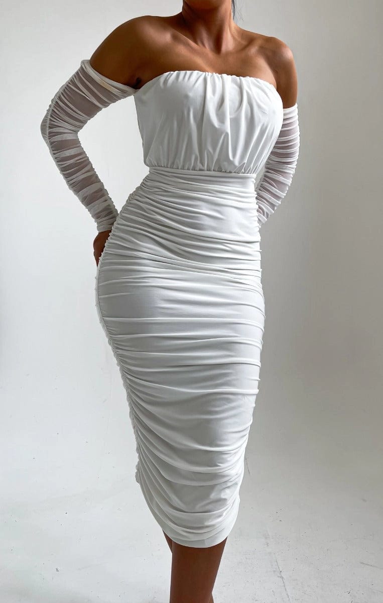 Luxuriance Style Boutique Dress White Midi Dress with Rouch Draping and Mesh Long Sleeves