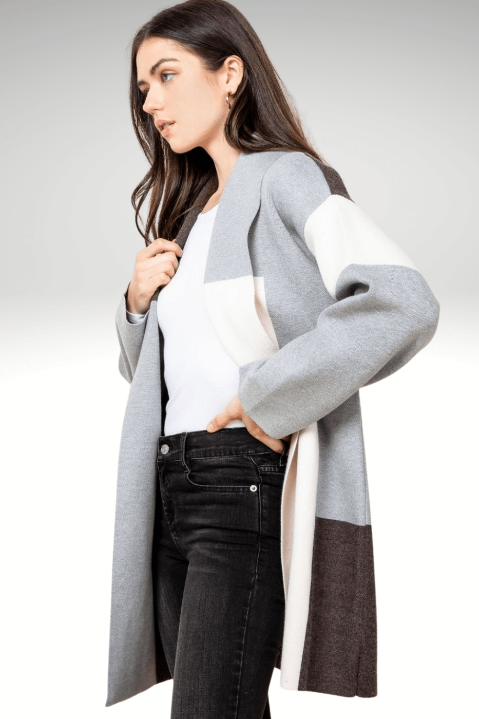Luxuriance Style Cardigan Color Block Gray Sweater | Coat